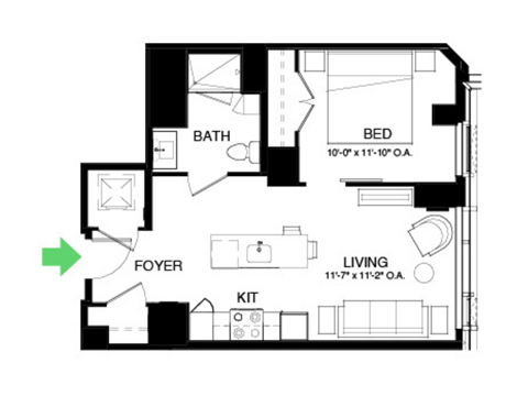 Floor plan for 1 bed, 1 bath, 615 sqft